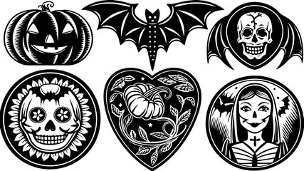 Traditional American Tattoo Halloween Flash Sheet - Vintage Skull, Pumpkin, Witch & Ghost - Bold Black & Red Line Art.