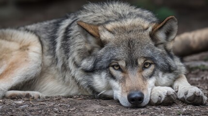 Gray wolf resting on the ground