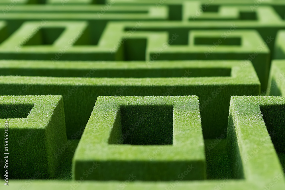 Poster aerial view of a meticulously crafted labyrinth, its verdant walls forming an intricate network of p