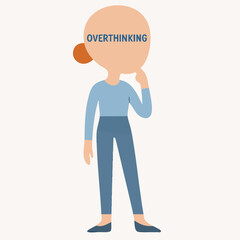 Flat Illustration of Worried Woman With Overthinking Head Concept