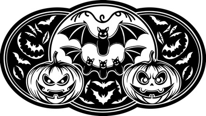Traditional American Tattoo Halloween Flash Sheet - Vintage Skull, Pumpkin, Witch & Ghost - Bold Black & Red Line Art.