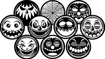 Traditional American Tattoo Halloween Flash Sheet - Vintage Skull, Pumpkin, Witch & Ghost - Bold Black & Red Line Art.