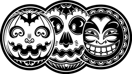 Traditional American Tattoo Halloween Flash Sheet - Vintage Skull, Pumpkin, Witch & Ghost - Bold Black & Red Line Art.