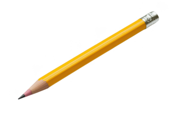 A classic yellow wooden pencil with a pink eraser and silver ferrule isolated on transparent background
