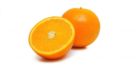 Fototapeta premium Two fresh oranges are shown, one whole and one cut open, displaying juicy segments.