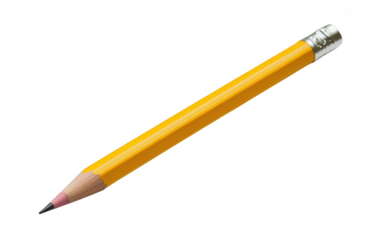 A classic yellow wooden pencil with a pink eraser and silver ferrule isolated on transparent background