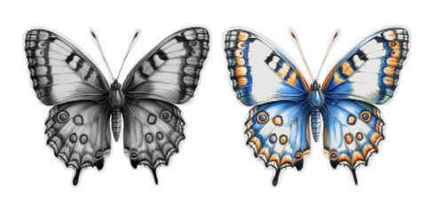 Naklejka premium Grunge sticker set of halftone butterflies with monochrome grain texture and colorful details in vintage engraving style illustration