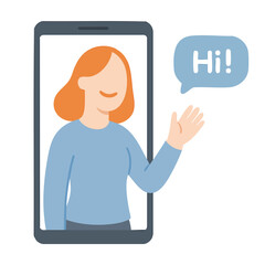 Simple Flat Illustration Woman Waving Hand from Smartphone Communication
