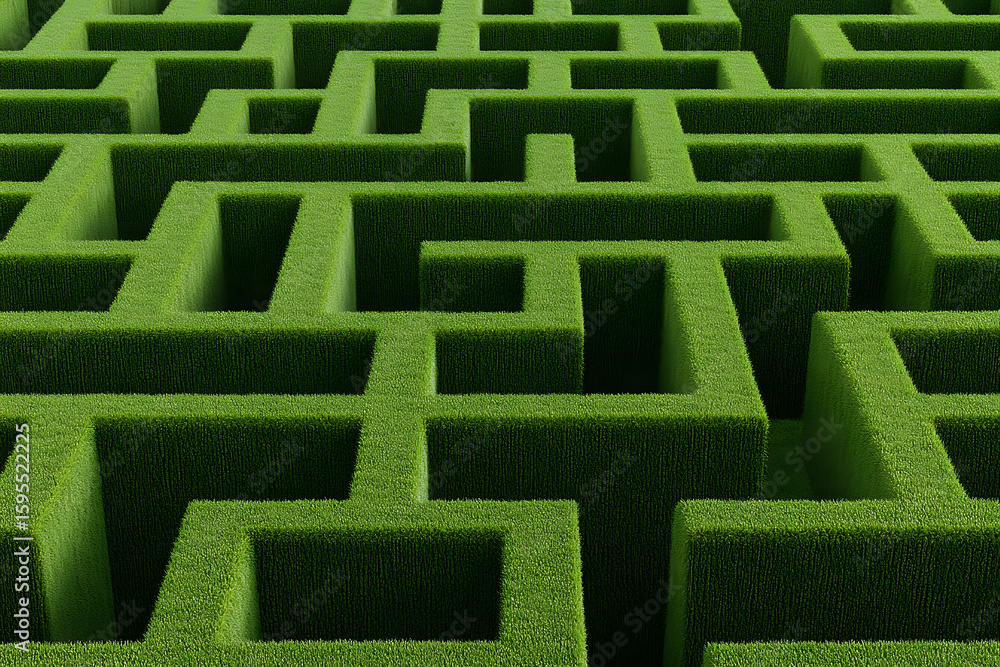 Poster aerial view of a complex green maze with high grassy walls, creating a sense of challenge and myster