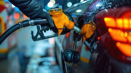 Gloved hand pumping gas into a vehicle at night. Bright, blurred lights in the background add ambiance.