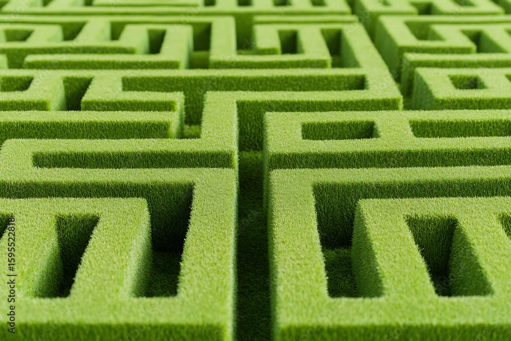 Poster intricate maze of green shrubbery, showcasing complexity and potential challenges. a symbolic journe
