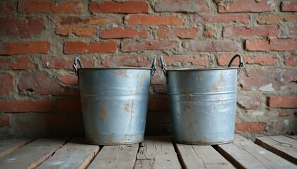 Fototapeta premium Two galvanized metal buckets with handles rest on worn wooden planks against weathered brick wall. Rustic scene features textured orange, red, brown bricks with visible mortar joints. Aged metal