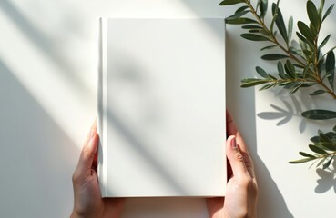 Hands hold a blank white book cover. Green foliage with olive leaves and soft shadows create a minimalist, elegant design. Ideal for presentations, literature, and creative concepts.