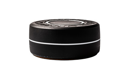 Black hockey puck with white stripe on transparent backdrop