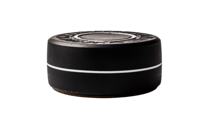 Black hockey puck with white stripe on transparent backdrop