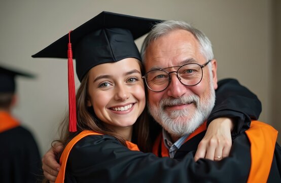 Proud father hugs smiling graduate daughter at university commencement ceremony. Young woman in cap, gown celebrates academic achievement. Family bond, education success, graduation day celebration.