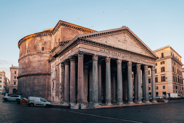 Fototapeta premium Evening view of the Roman Pantheon, an ancient structure dating back to the 1st century AD, built in honor of King Marcus Agrippa.