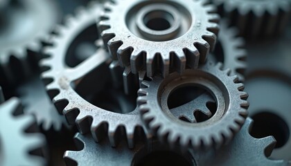 Close-up of interlocking metal gears. Precision machined components show intricate teeth engagement, suggesting complex machinery, industrial engineering. Cool, metallic tones, sharp focus highlight