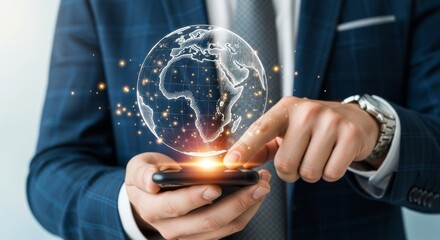 A businessman in a suit uses a smartphone to interact with a glowing digital hologram of the earth, symbolizing global connectivity