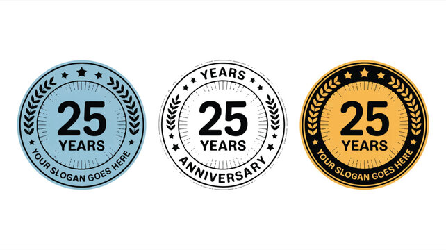 Three circular 25th anniversary badges in blue black and gold