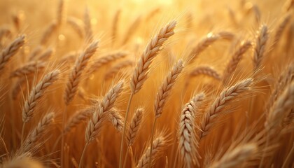 Fototapeta premium Golden wheat field with intricate wind patterns visible under warm sunlight. Close-up detailed view of grain texture, arid summer or autumn landscape, representing agriculture and harvest.