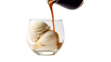 Creamy Vanilla Ice Cream Affogato Dessert Preparation isolated On Transparent Png Background.