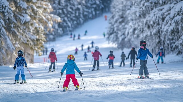 Winter ski lesson, children on slopes, snowy mountains, skiers in background