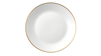 Elegant white plate with golden rim on transparent background