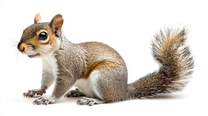 Obraz premium Studio shot alert grey squirrel posing, white background, wildlife