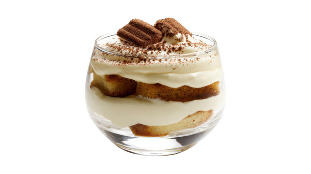 Elegant Glass Filled with Layered Creamy Dessert isolated On Transparent Png Background.