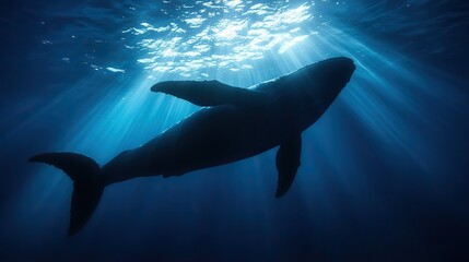 Fototapeta premium A majestic whale swims beneath the sunlit ocean surface, with rays of light penetrating the deep blue water.