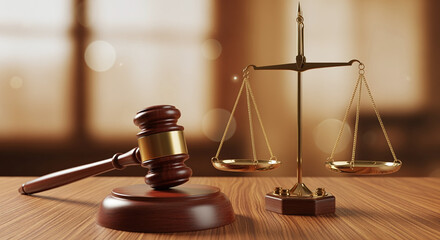 judge gavel, law books and scales of justice on desk in lawyer office. legal justice concept.