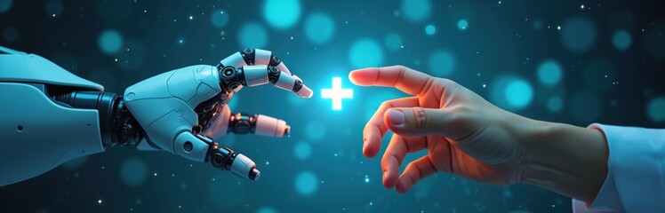 Human, robot hands connect, AI integration in healthcare. Collaboration revolutionizes medical diagnosis, patient treatment, hospital operations. Advanced technology enhances research, surgery,