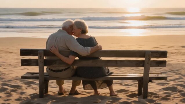 Pareja de ancianos disfrutandosentado la playa