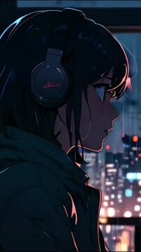 A calm, animated girl with headphones listening to music in lofi style listens to music while journaling on her bed. The comic, cartoon animation loops seamlessly with a cozy, ambiance. Vertical 9:16