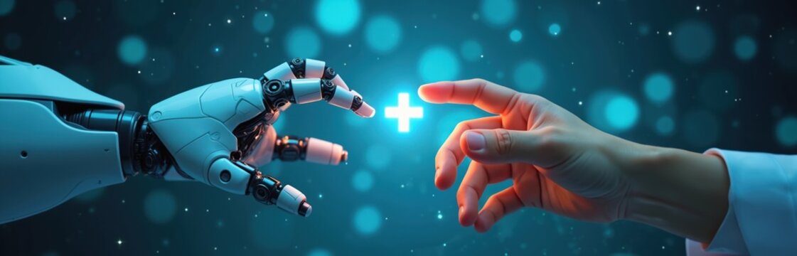 Human, robot hands connect, AI integration in healthcare. Collaboration revolutionizes medical diagnosis, patient treatment, hospital operations. Advanced technology enhances research, surgery, - Powered by Adobe