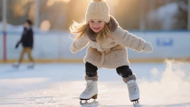 Un primer plano  una niña rubia patinando sobre una pista de hielo 