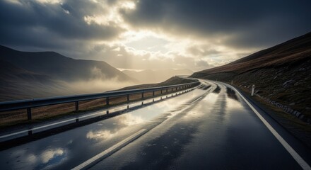Wet Mountain Road Reflecting Dramatic Cloudy Sky at Sunset