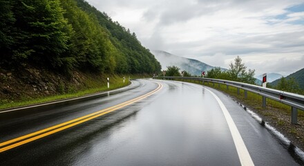 Wet Mountain Road Curving Through Green Forest Scenery