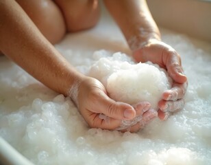 Fototapeta premium Hands gently washing clothes in tub filled with abundant soapy water, foam. Process emphasizes hygiene, cleanliness for household laundry. Soft bubbles create gentle experience for fabrics, promoting