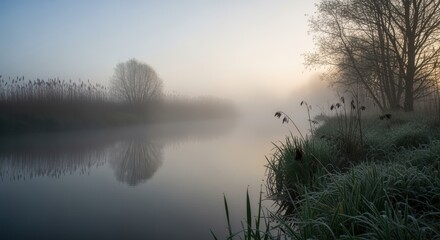 Misty Morning Riverbank with Trees and Soft Light