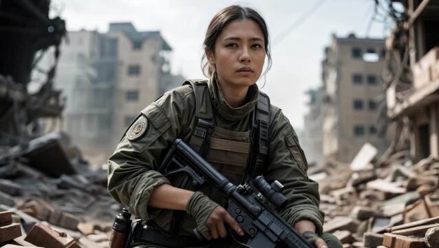 Una mujer soldado joven se sienta en cuclillas entre los escombros de una ciudad devastada