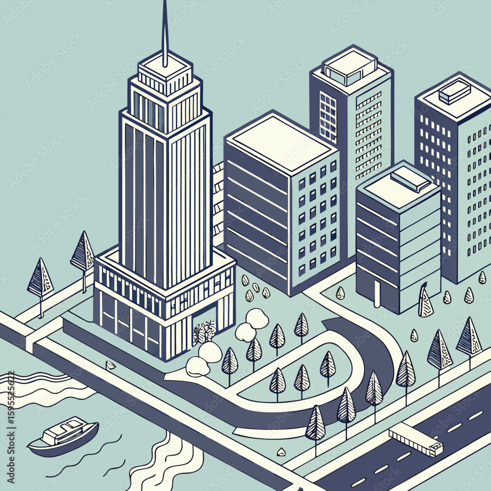 Fototapete isometric cityscape vector illustration featuring a modern urban environment with detailed buildings