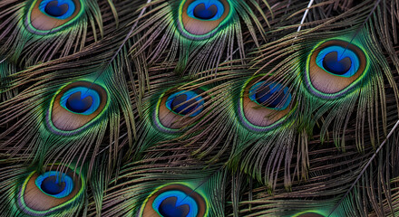 Obraz premium A close up of many peacock feathers with their iridescent eye spots filling the entire frame tightly