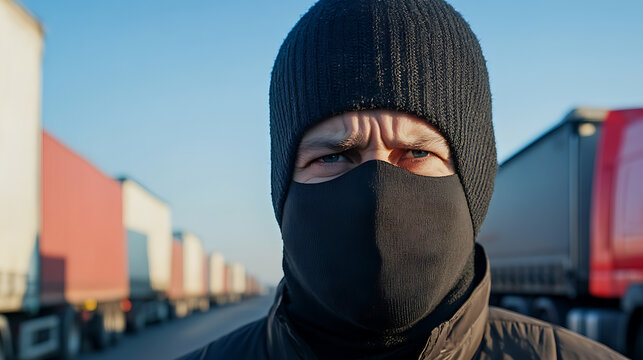 Masked figure in knit cap stands before a row of trucks. Expression is stern and unreadable. Staging a protest or taking a stand?