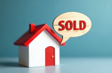 Model house with red roof and white walls features a wooden speech bubble displaying SOLD in red letters. This imagery symbolizes successful real estate transactions and property sales.