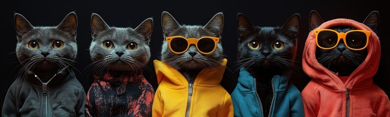 Cats wearing glasses and hoodies on a black background animal background