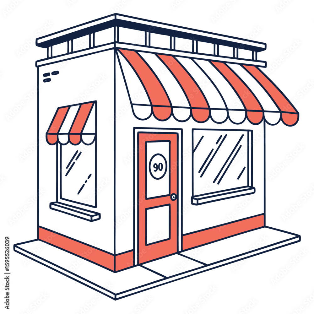 Poster flat vector icon illustration of a storefront with a striped awning representing a shop store or bus