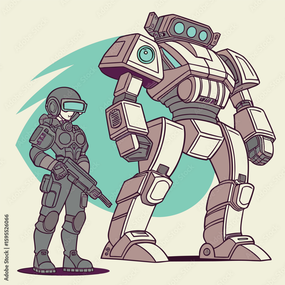 Poster stylized vector illustration of an armored mech pilot character showcasing a blend of robotic and or
