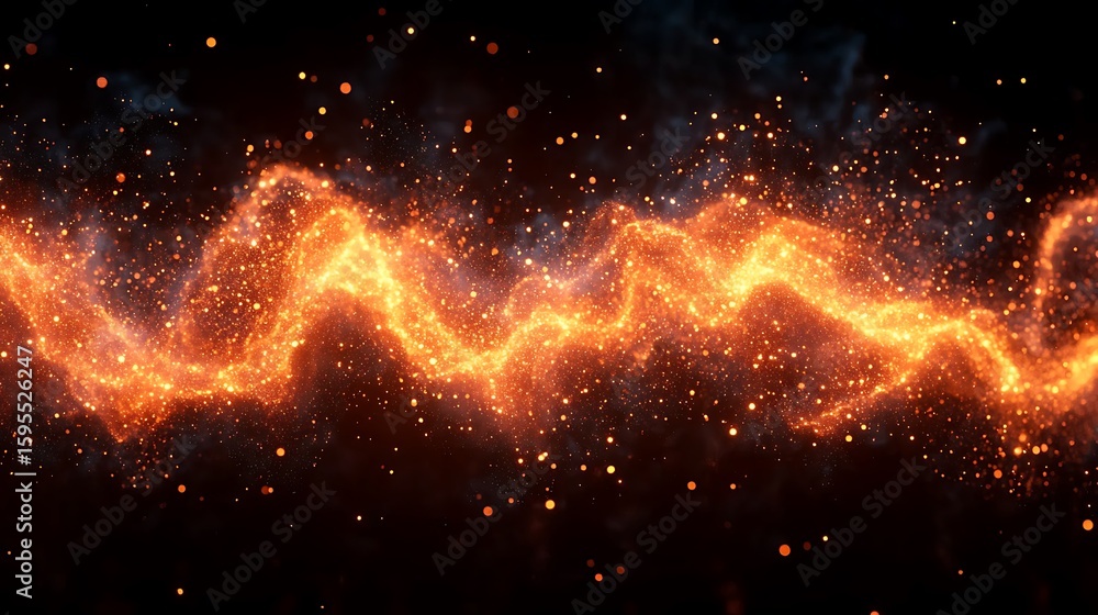 Poster abstract fiery stream design with particles on a dark background.
